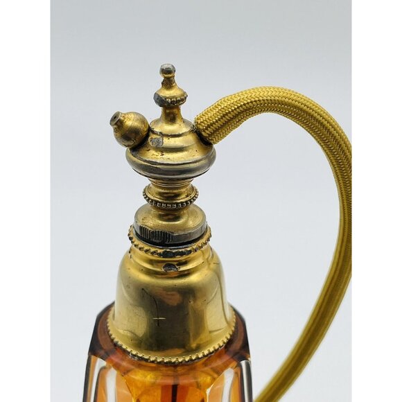 Vtg Cut To Clear Amber Crystal Glass Perfume Bottle Atomizer - Picture 6 of 9